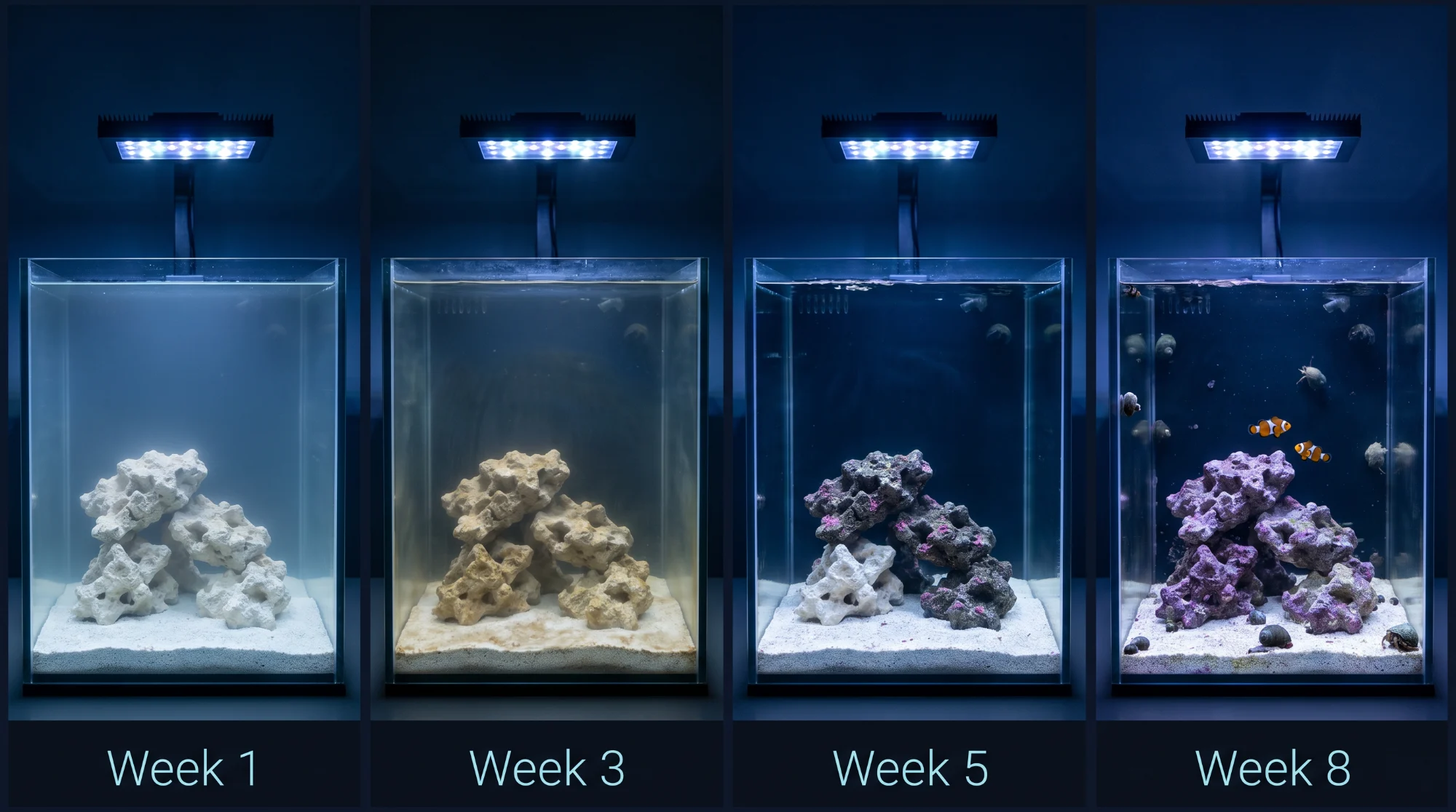 Four-panel progression of one tank cycling over eight weeks — cloudy at Week 1, clearing through Week 3 and 5, and a clean tank with rock, snails, and clownfish by Week 8.