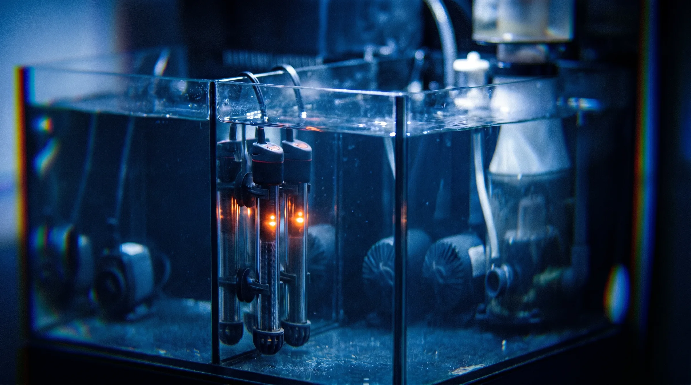 Two EHEIM heaters glowing in the sump of a real saltwater aquarium build.